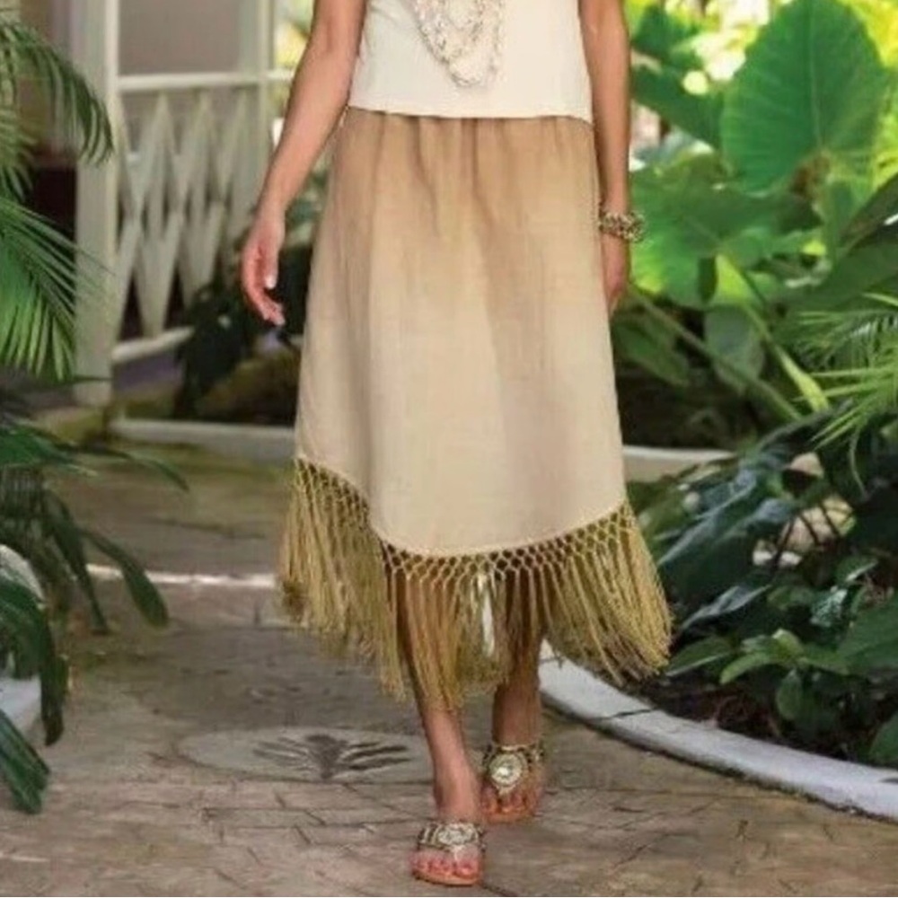 Soft Surroundings Beige Ombre Midi Skirt with Fringe Size Medium Vacation